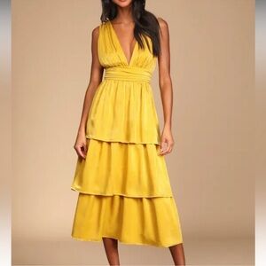 Lulu's Yellow Ruffled Tie Front Midi Dress